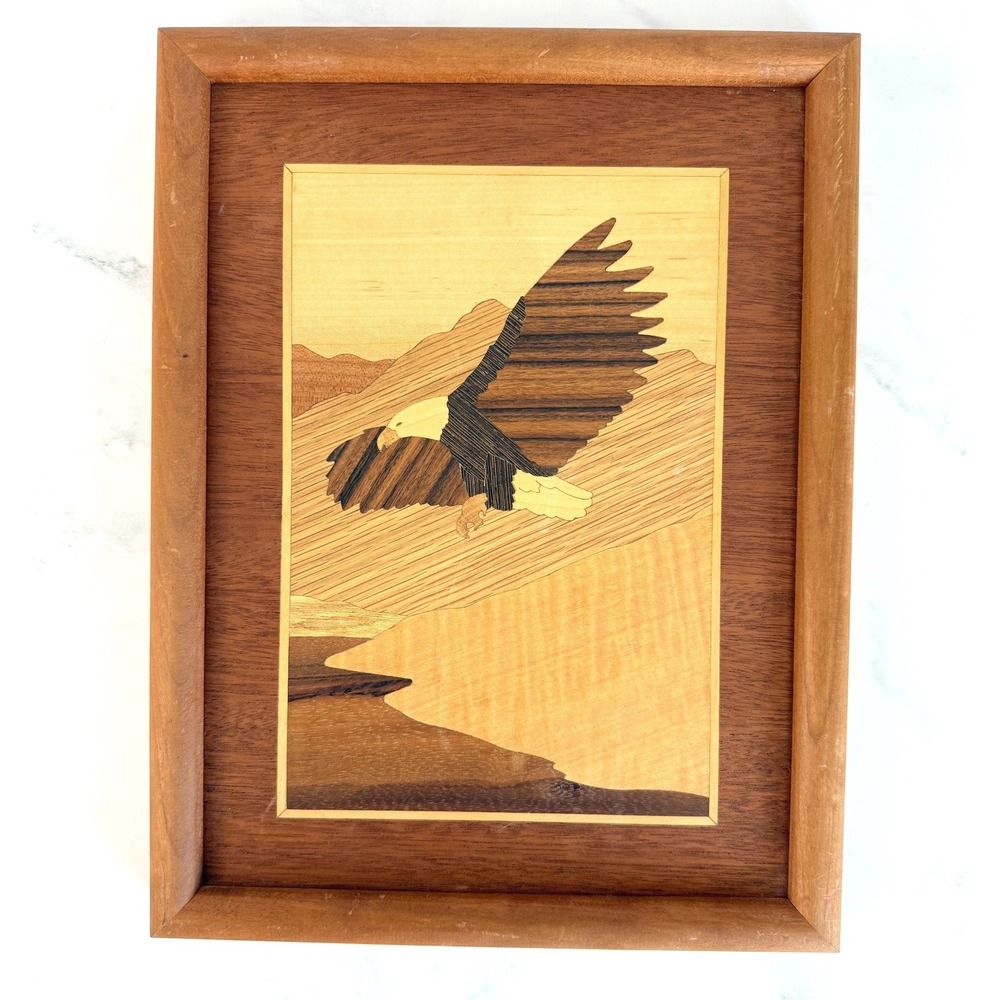 VTG Marquetry Wood Inlay Art with Eagle in Flight 13" X 10"